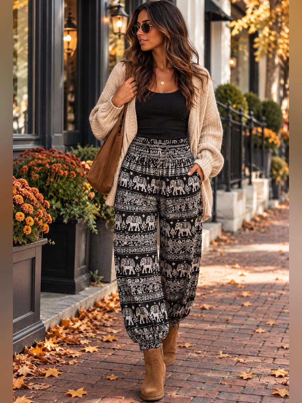 Julia Womens Plus Size 2XL 3XL Elephant Print Boho Harem Pants Black Ivory